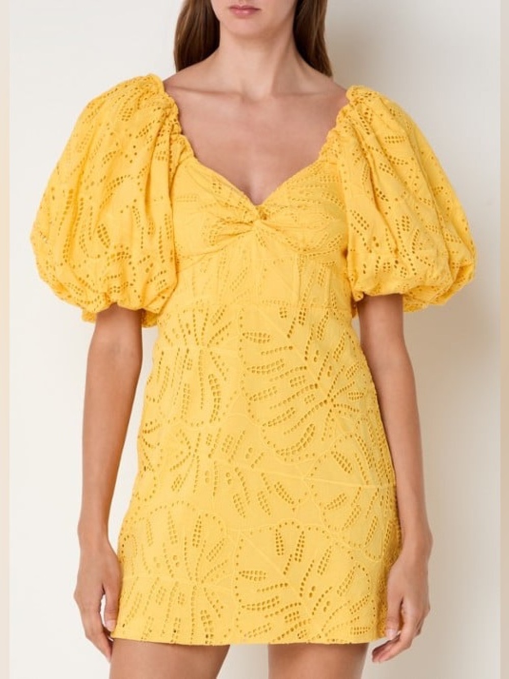 Farm Rio Monstera Eyelet Mini Dress Yellow Short Puff Sleeve Size S Sweetheart